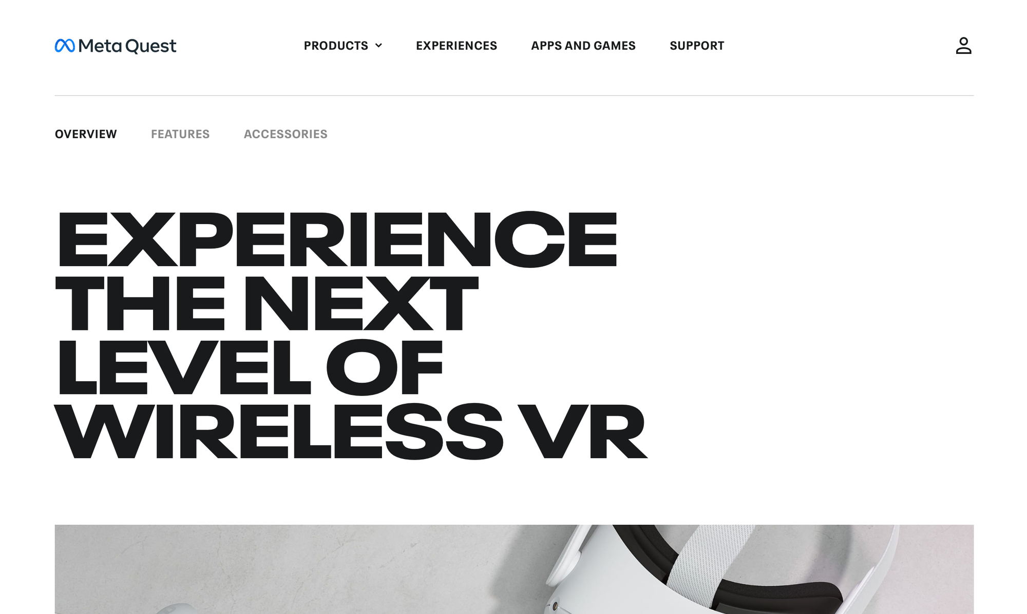 A webpage for the Meta Quest. The title text says "Experience the next level of wireless VR"