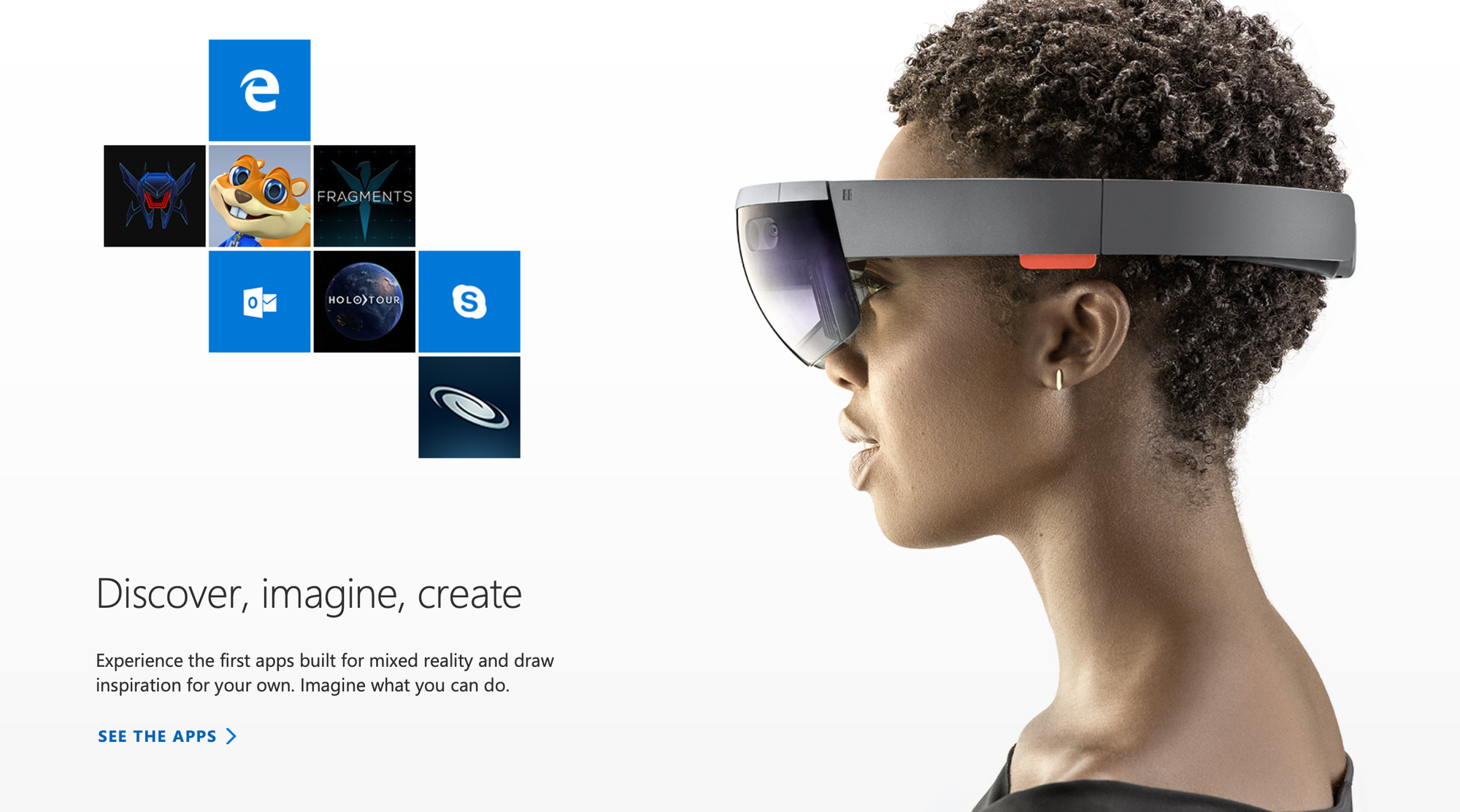 A webpage for Microsoft HoloLens. The page text says "Experience the first apps build for mixed reality and draw inspiration for your own. Imagine what you can do."