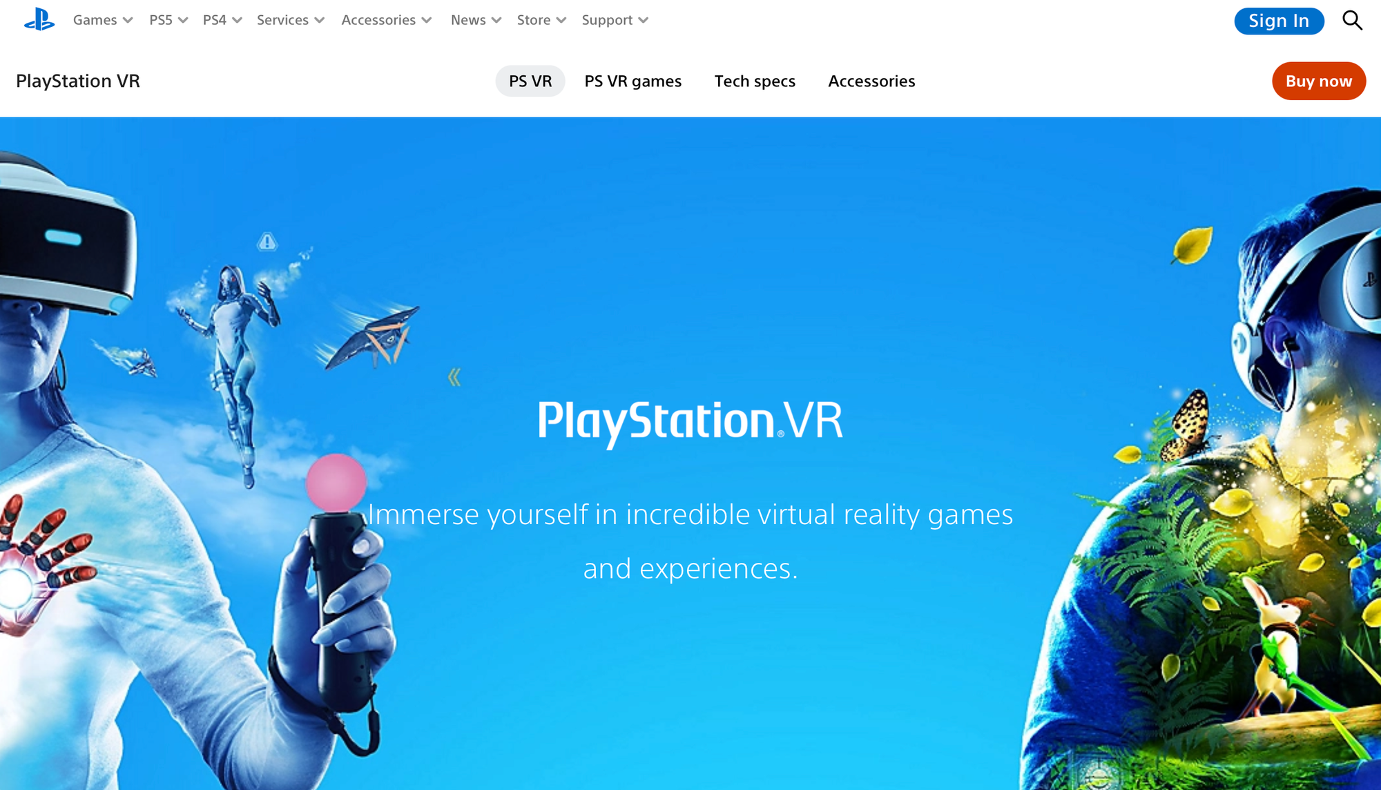 A webpage for Playstation VR. The header text says "Playstation VR: Immerse yourself in incredibly virtual reality games and experiences."