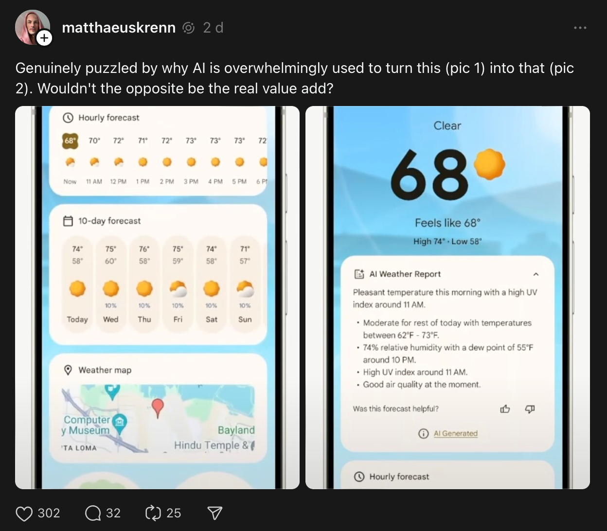 Two phones, one showing a lots of detail about the weather, the other showing an AI Weather report in text only