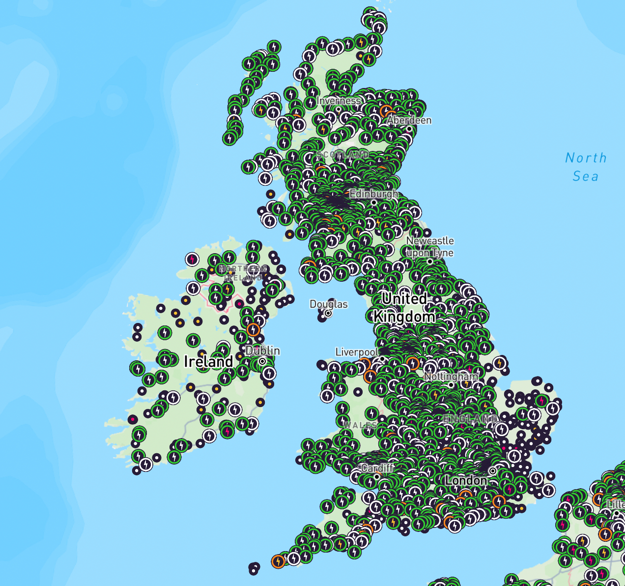 A map of the UK and Ireland, showing lots of dots indicating the location of electric car charging points.