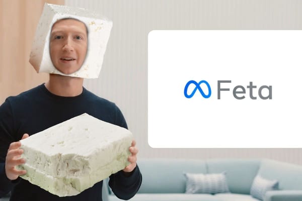 Mark Zuckerberg, holding a giant block of Feta cheese, stood next to a Meta logo that has been changed to say "Feta"